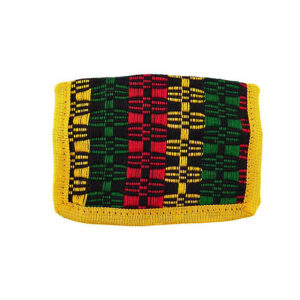 Handmade Rasta woven trifold wallet with cotton, hook-and-loop closure, and inner zipper pocket in yellow.