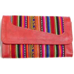 Handmade tribal print wallet with vegan leather, acrylic wool, magnetic snap closure, and multiple card slot compartments in red.