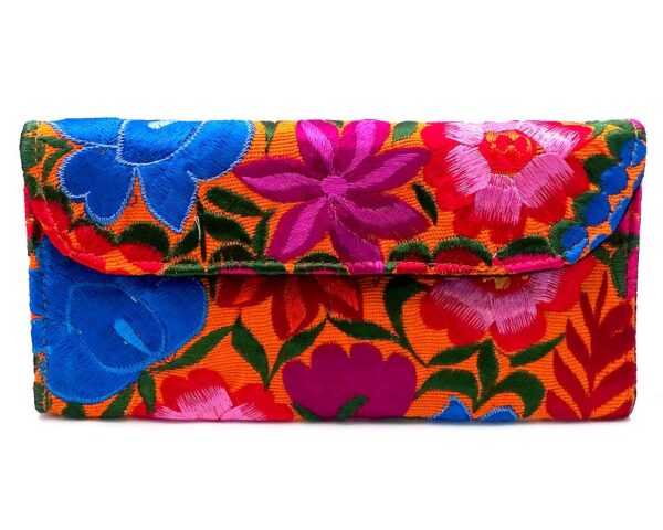 Handmade floral clutch wallet with embroidered cotton, magnetic snap closure, and crossbody strap in orange.