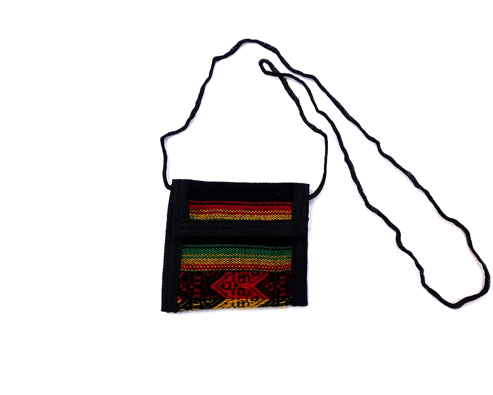 Mini envelope wallet coin purse with Rasta-colored tribal print striped pattern material (or manta Inca), hook and loop fastener, and strap.