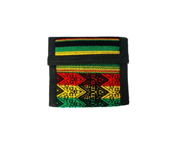 Trifold wallet coin purse with Rasta-colored tribal print striped pattern material (or manta Inca) and hook and loop fastener