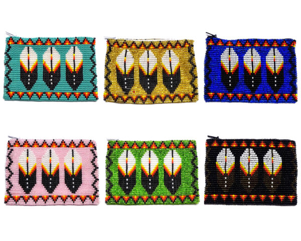 Native American Inspired Triple Feather Seed Bead Coin Purse