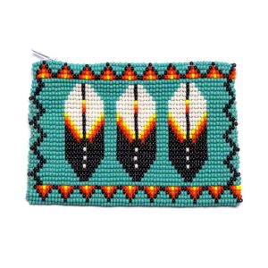 Handmade triple feather pattern beaded coin purse with Czech glass seed bead and zipper closure in turquoise.