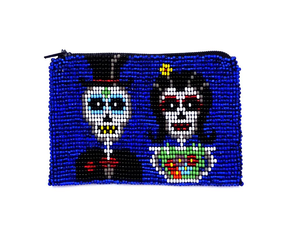 Handmade Day of the Dead sugar skull couple beaded coin purse with Czech glass seed bead and zipper closure in blue.