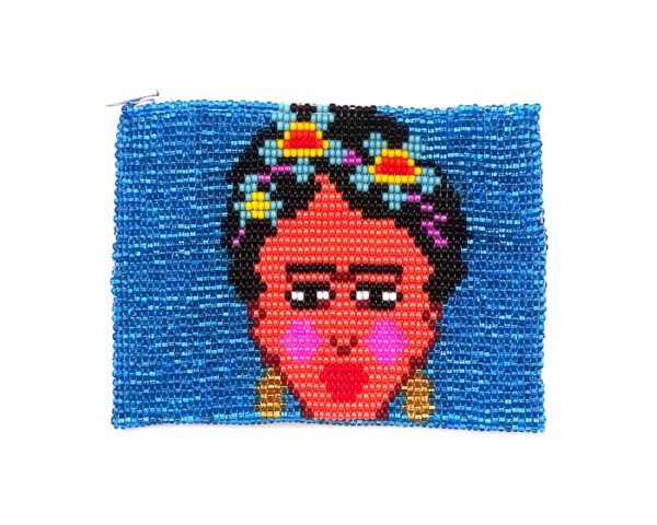Handmade Frida Kahlo orange portrait beaded coin purse with Czech glass seed bead and zipper closure in light blue.
