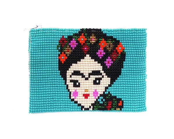 Handmade Frida Kahlo cartoon portrait beaded coin purse with Czech glass seed bead and zipper closure in turquoise.