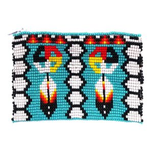 Handmade native bead coin purse with medicine wheel feather pattern, Czech glass seed bead, and zipper closure in turquoise and multicolored.
