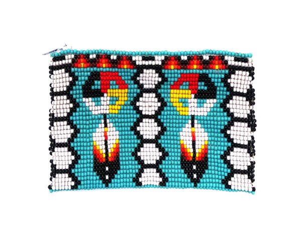 Handmade native bead coin purse with medicine wheel feather pattern, Czech glass seed bead, and zipper closure in turquoise and multicolored.