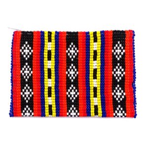 Handmade tribal bead coin purse with striped pattern, Czech glass seed bead, and zipper closure in blue, red, orange, yellow, and black.