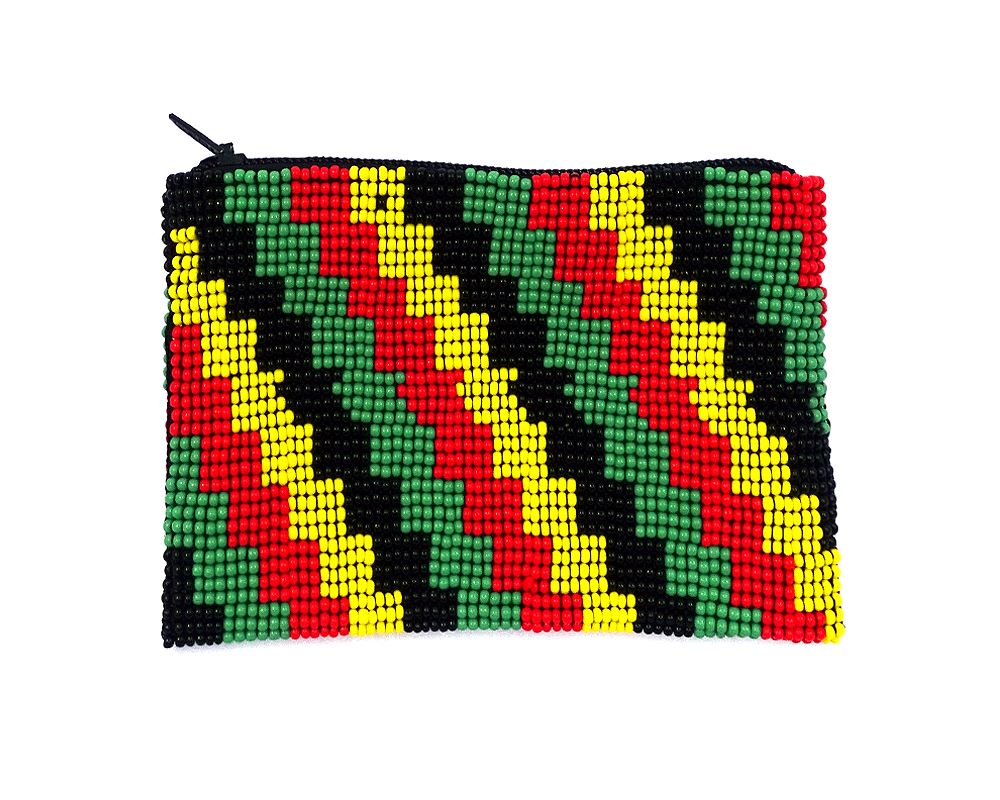 Handmade rasta bead pouch coin purse with matte Czech glass seed bead and zipper closure in zig zag striped pattern.