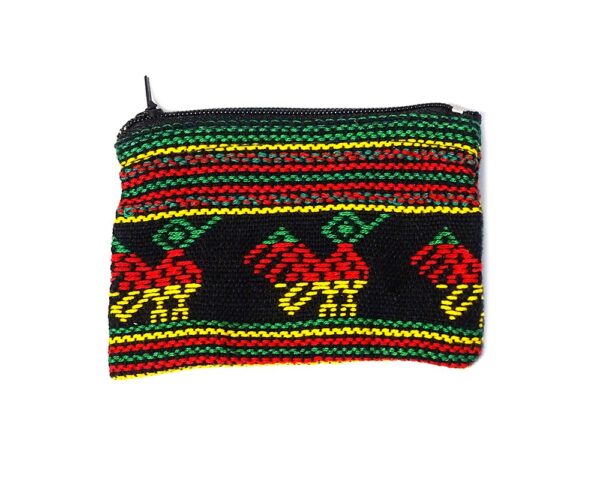 Handmade mini rasta tribal pouch coin purse with woven Rasta-colored patterns and zipper closure in black.