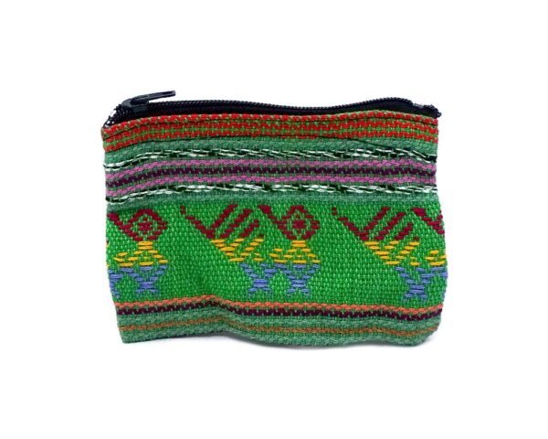 Handmade mini tribal pouch coin purse with woven multicolored patterns and zipper closure in lime green