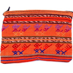 Handmade tribal coin purse with woven multicolored patterns and zipper closure in light orange.