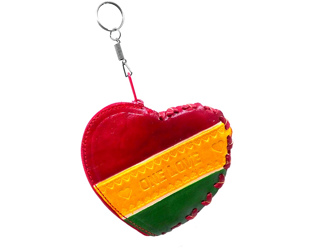 Handmade Rasta heart keychain pouch coin purse with embossed leather, silver keyring, and zipper closure in One Love design.