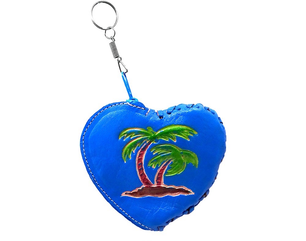 Handmade heart keychain pouch coin purse with embossed leather, silver keyring, and zipper closure in turquoise color with palm tree design.