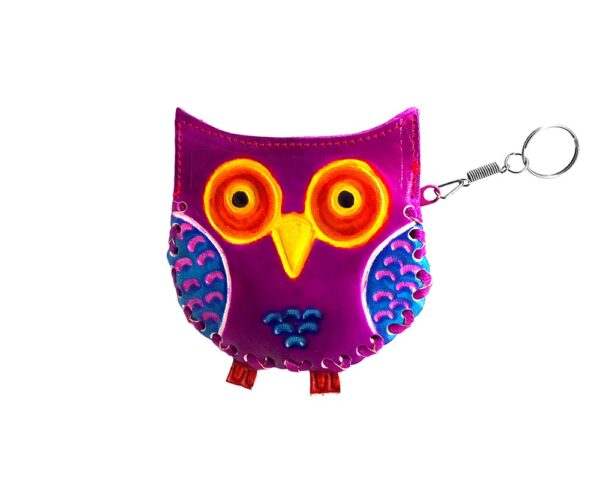 Handmade owl keychain pouch coin purse with embossed leather, silver keyring, and zipper closure in purple.