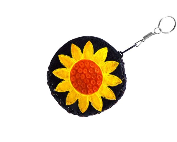 Handmade round sunflower keychain pouch coin purse with embossed leather, silver keyring, and zipper closure in yellow and black.