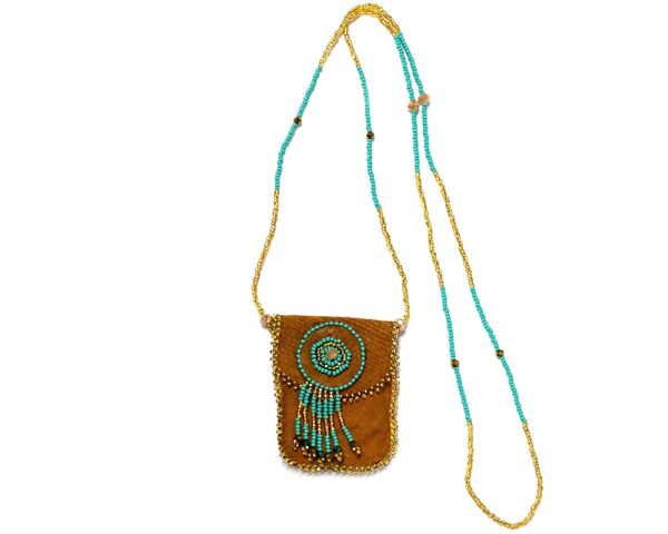 Handmade natural leather suede medicine pouch bag with Czech glass seed bead fringe dangles and necklace strap in tan, turquoise mint, and gold color combination.