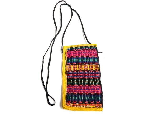 Handmade eyeglasses pouch with multicolored woven cotton striped design, cushion, zipper pocket, and strap in yellow.