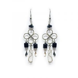 Handmade alpaca silver metal flower design earrings with chip stones and wire wrapped clear quartz crystal dangles in black color.