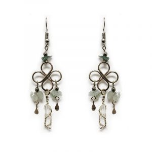 Handmade alpaca silver metal flower design earrings with chip stones and wire wrapped clear quartz crystal dangles in light green color.