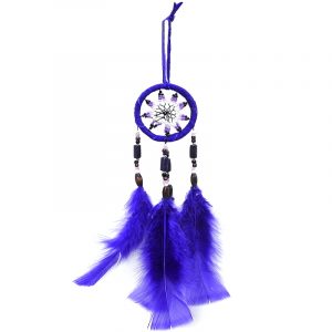 Handmade small round suede leather beaded dream catcher hanging ornament with multicolored seed beads and natural feather dangles in purple color.