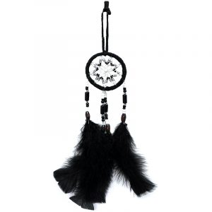 Handmade small round suede leather beaded dream catcher hanging ornament with multicolored seed beads and natural feather dangles in black color.