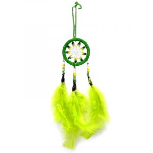 Handmade small round suede leather beaded dream catcher hanging ornament with multicolored seed beads and natural feather dangles in lime green color.