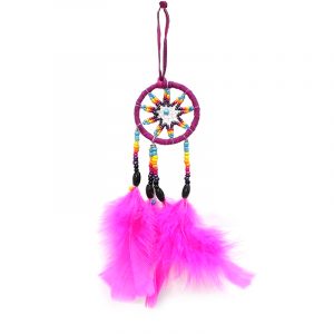 Handmade small round suede leather beaded dream catcher hanging ornament with multicolored seed beads and natural feather dangles in magenta hot pink color.