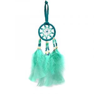 Handmade small round suede leather beaded dream catcher hanging ornament with multicolored seed beads and natural feather dangles in teal green color.