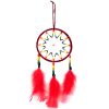 Handmade large round suede leather beaded dream catcher hanging ornament with multicolored seed beads and natural feather dangles in red color.