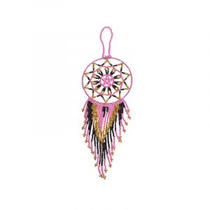 Handmade Czech glass seed bead dream catcher hanging ornament with beaded dangles in pink, burgundy, and gold color combination.