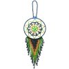 Handmade Czech glass seed bead dream catcher hanging ornament with beaded dangles in dark green, gold, lime green, and dark brown color combination.