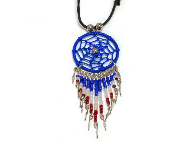 Handmade USA American themed round thread dream catcher pendant with long seed bead and alpaca silver dangles on adjustable necklace in blue, white, and red color combination.