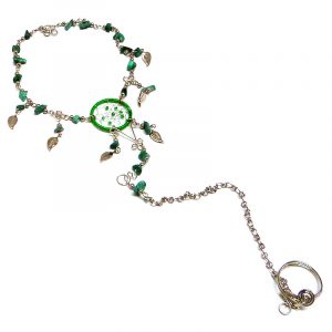 Handmade alpaca silver metal chain harem anklet with round beaded dream catcher, chip stones, and metal leaf charm dangles, linked to toe ring in green color.