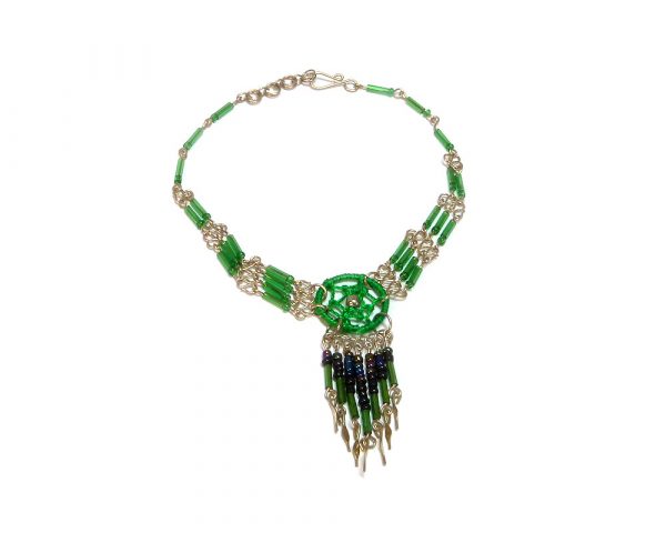 Handmade seed bead and bugle bead silver metal chain anklet with round thread dream catcher and long beaded metal dangles in green and iridescent black color combination.