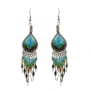 Teardrop-shaped silk thread earrings with long seed bead and alpaca silver metal dangles in turquoise, green, and brown color combination.