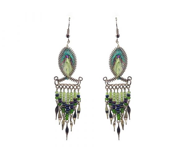 Fish-shaped silk thread earrings with long seed bead and alpaca silver metal dangles in mint, light green, and iridescent color combination.