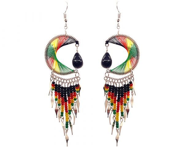 Large round-shaped semicircle crescent half moon silk thread earrings with teardrop glass bead dangle and long seed bead and alpaca silver metal dangles in Rasta colors.