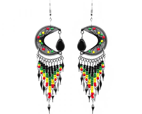 Large round-shaped semicircle crescent half moon beaded silk thread earrings with teardrop glass bead dangle and long seed bead and alpaca silver metal dangles in Rasta colors.