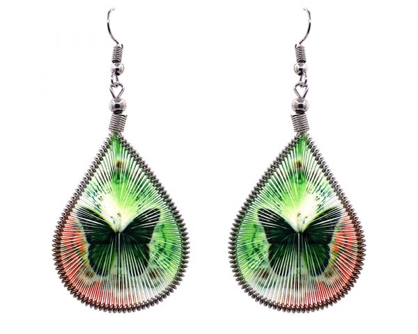 Teardrop-shaped thread dangle earrings with alpaca silver wire and monarch butterfly graphic image in green and orange color combination.