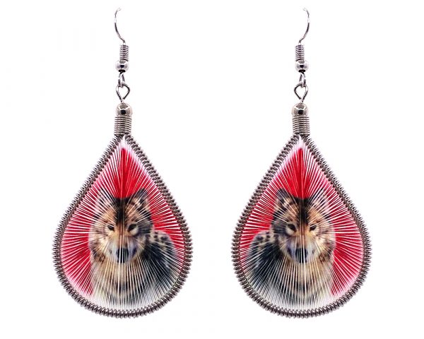 Teardrop-shaped thread dangle earrings with alpaca silver wire and wolf graphic image in red and brown color combination.