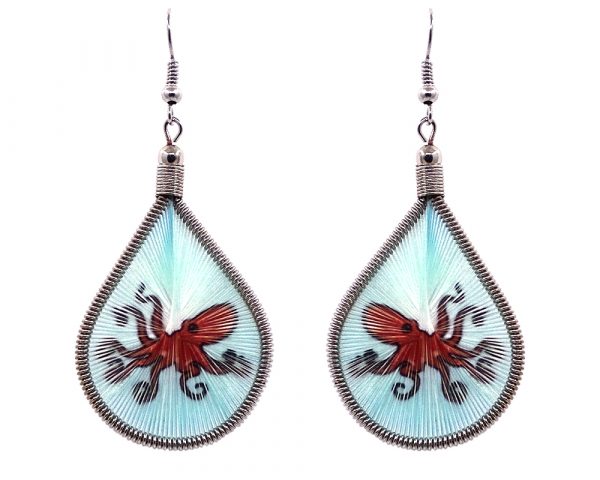 Teardrop-shaped thread dangle earrings with alpaca silver wire and octopus graphic image dark orange and light blue turquoise color combination.