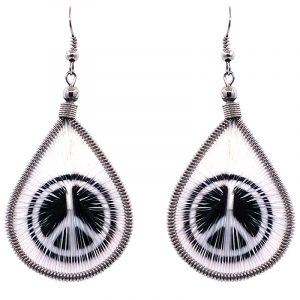 Teardrop-shaped thread dangle earrings with alpaca silver wire and peace sign graphic image in white and black color combination.