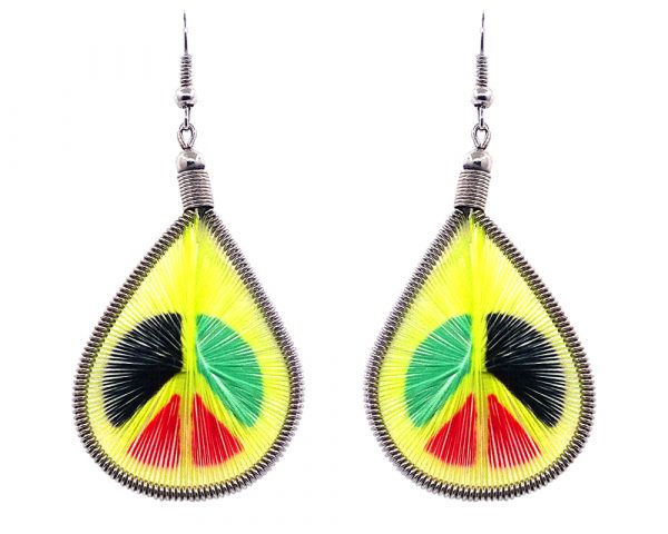 Teardrop-shaped thread dangle earrings with alpaca silver wire and peace sign graphic image in yellow and Rasta color combination.