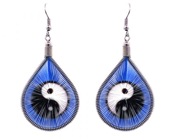 Teardrop-shaped thread dangle earrings with alpaca silver wire and black and white yin yang graphic image in blue color.