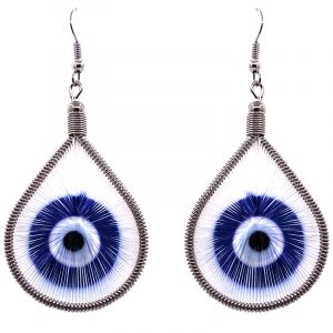 Teardrop-shaped thread dangle earrings with alpaca silver wire and evil eye graphic image in blue and white color combination.