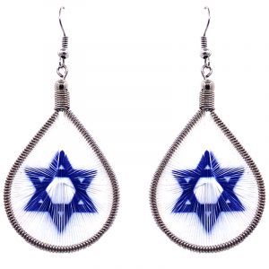 Teardrop-shaped thread dangle earrings with alpaca silver wire and star of David graphic image in blue and white color combination.