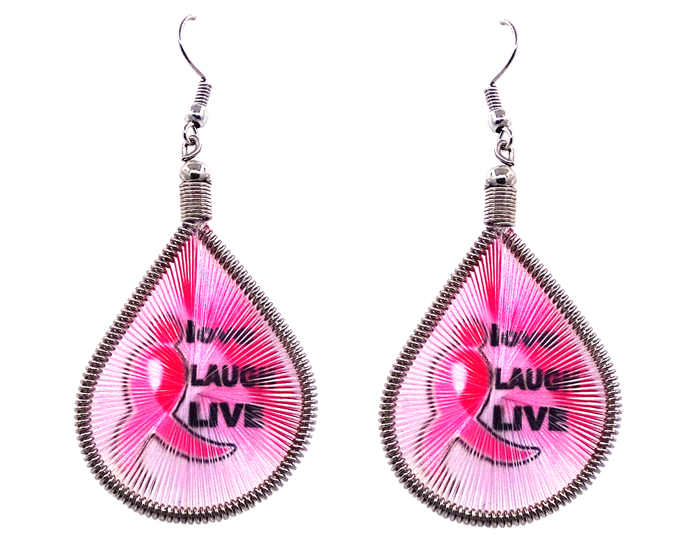 Teardrop-shaped thread dangle earrings with alpaca silver wire and breast cancer awareness graphic image in pink and black color combination.