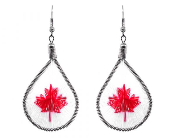 Teardrop-shaped thread dangle earrings with alpaca silver wire and Canadian flag maple leaf graphic image in white and red color combination.